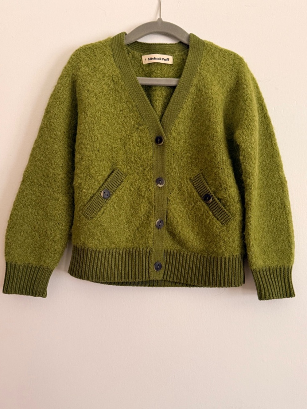 Misha & Puff Bouclé Everyday Cardigan 4Y | Basil | 100% Alpaca